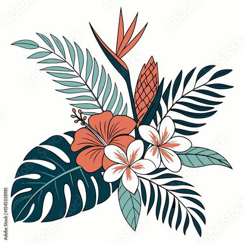 Tropical flowers, palm leaves, jungle leaves, bird of paradise flower, hibiscus, plumeria. Vector flat exotic illustrations