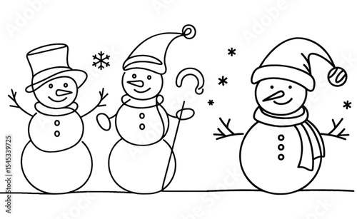 Adorable Snowman Trio Line Art Perfect for Festive Designs Holiday Cards Winter Branding Logos and Seasonal Projects