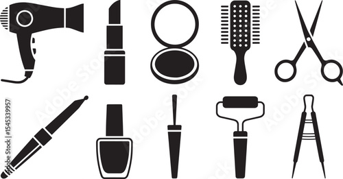 Black Silhouette Icons Set Hairdressing Beauty Tools Hairdryer Lipstick Compact Mirror Brush Scissors Tweezers