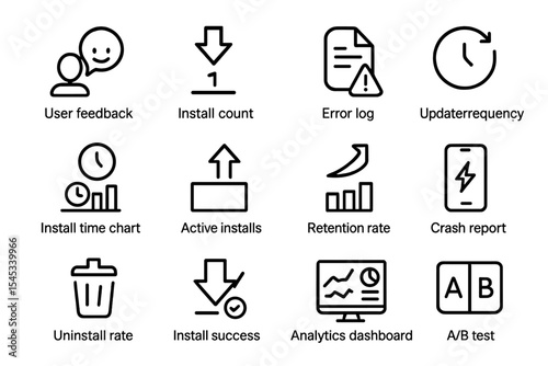 App analytics icons for user feedback, install count, and error log