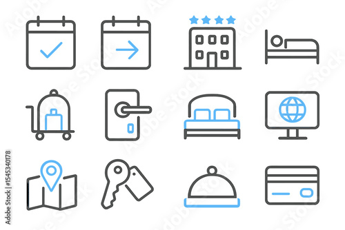 Hotel service icons: calendar, luggage, bed, key, map, credit card