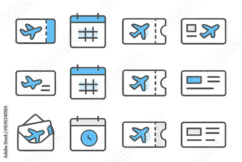 Airline travel icons with plane, calendar, tickets, and envelopes in blue theme