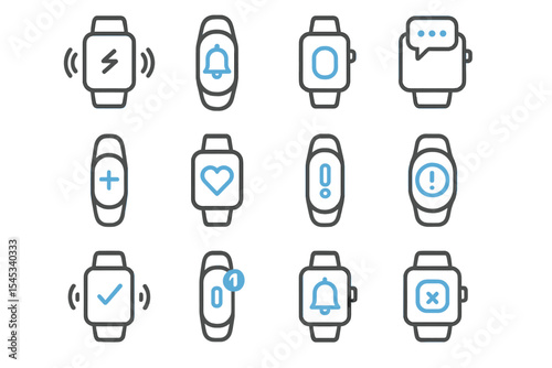 Set of twelve smartwatch notification icons in blue on gray background