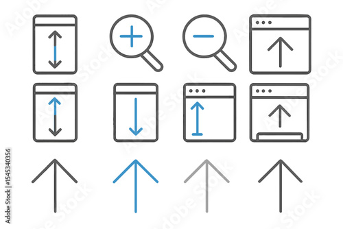 Simple navigation icons set featuring arrows and magnifiers