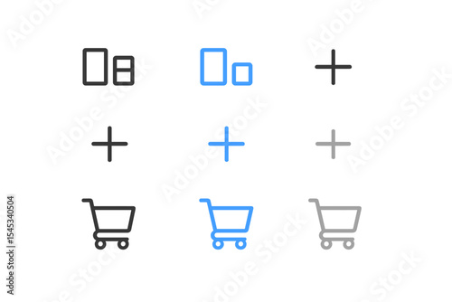 Glowing icons: shopping carts, plus signs, and devices on black background