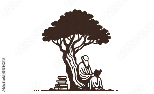 Wise Old Man Reading Under a Tree a serene design featuring nature, books, and knowledge perfect for logo branding or education