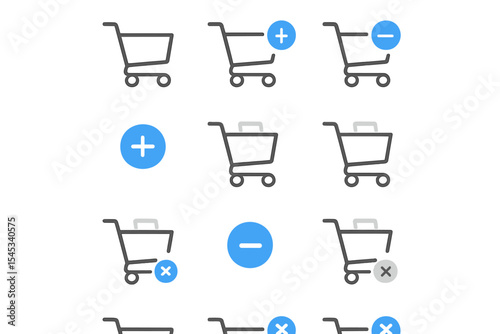 Futuristic digital shopping cart icons with illuminated plus and minus signs