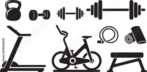 Black Silhouettes of Fitness Equipment Treadmill Exercise Bike Dumbbells Kettlebell Barbell Jump Rope Yoga Mat