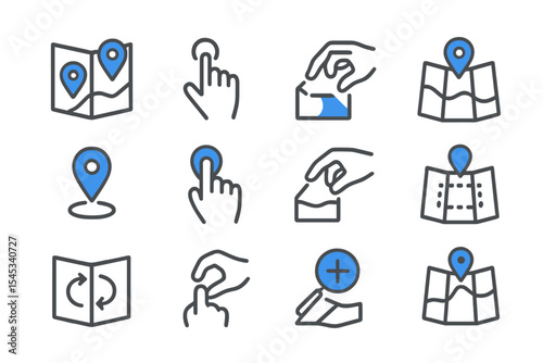 Digital map navigation icons with gestures and location markers