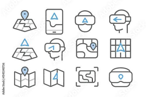 Virtual reality map icons with gps and navigation elements