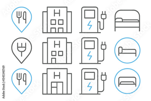 Electric charging stations and hotels: travel amenities icons with neon highlights