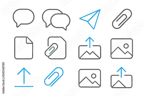 Neon communication icons on dark background with paperclip and image symbols