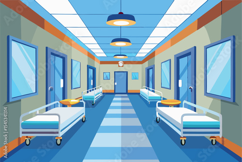 Hospital corridor with empty beds and bright lights in a modern healthcare facility