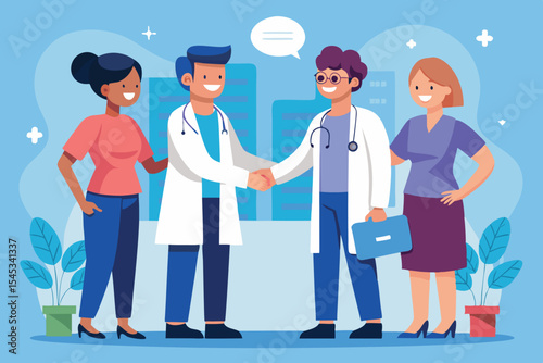 Healthcare professionals engage in a friendly discussion while standing together in a modern office setting