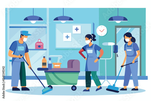 Healthcare staff perform cleaning tasks in a medical facility to maintain hygiene and safety standards