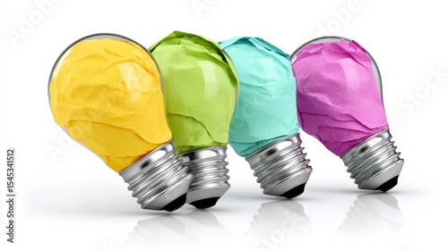 The four light bulbs are wrapped in paper and are in different colors. The idea behind this image is to represent creativity and innovation