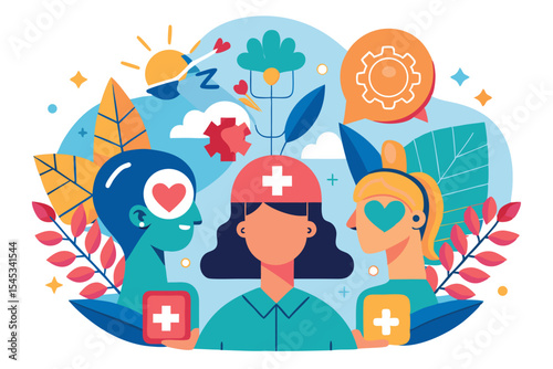 Health and wellness concept featuring diverse characters in a vibrant design promoting well-being and care