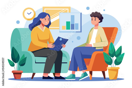 Two people engaged in a conversation during a counseling session in a cozy office setting with comfortable chairs and plants
