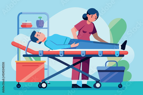 Nurse assists patient on stretcher in a medical facility during daylight hours