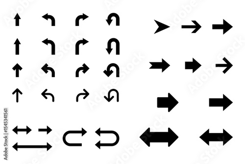 Go Straight This Way One Way Only U Turn Left and Right Black Arrow Sign Direction Icon Set. Vector Image.
