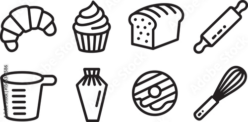 Eight Black Line Drawings of Baking Items Croissant Cupcake Loaf Rolling Pin Measuring Cup Pastry Bag Donut Whisk