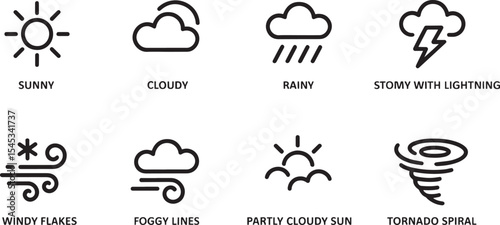 Eight Black Line Weather Icons Set Sunny Cloudy Rainy Stormy Windy Foggy Partly Cloudy Tornado Spiral