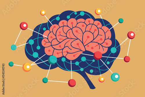 Brain illustration depicting neural connections and pathways in vivid colors highlighting cognitive functions