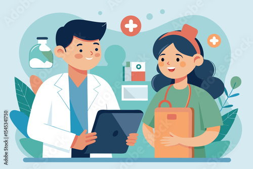 Healthcare professionals discussing patient care in a clinic setting
