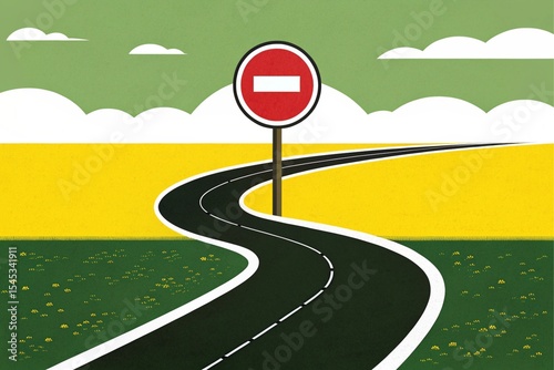 Winding Road No Entry Sign Yellow Green Landscape curve