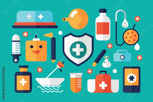 Medical icons and tools for healthcare illustration on a turquoise background featuring various supplies and equipment