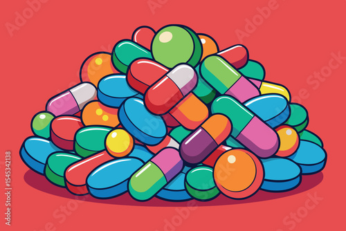 Colorful assortment of various pills and capsules on a vibrant background in a playful arrangement