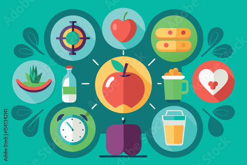 Visual representation of healthy lifestyle choices depicting food, drinks, and wellness activities
