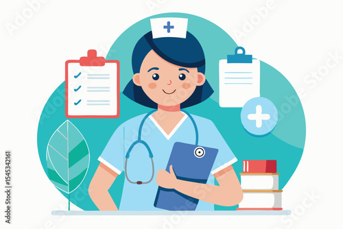 Nurse wearing scrubs with a clipboard in a healthcare setting, surrounded by medical supplies and educational resources
