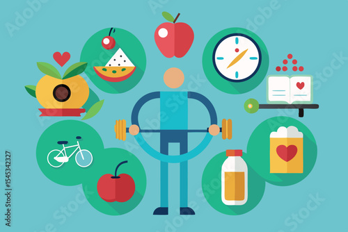 Health and wellness concepts depicted through various symbols on a blue background