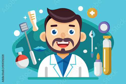 Character illustration of a friendly scientist surrounded by lab tools in a bright background