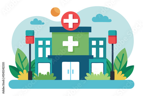 Healthcare facility surrounded by greenery with bright colors