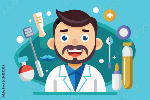 Friendly dentist illustrates dental tools and care