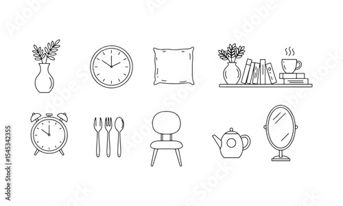 Black Line Drawings Home Objects Clock Alarm Clock Vase Plants Chair Teapot Mirror Cutlery Pillow Books Shelf Cup