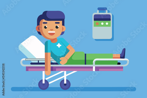Cartoon character lying on hospital bed smiling in bright room with medical equipment in background