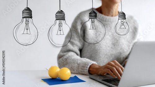Woman is sitting at a desk with a laptop and a yellow lemon on the table. The image is a drawing of three light bulbs hanging from the ceiling. Scene is creative and imaginative