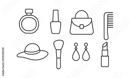 Black Line Icons Set Womens Accessories Makeup Items Hat Purse Lipstick Nail Polish Perfume Comb Earrings Brush