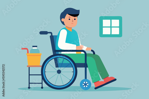 Young man in a wheelchair enjoying a sunny indoor space during the afternoon