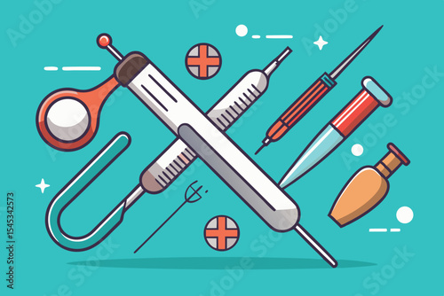 Medical tools and instruments arranged in creative layout