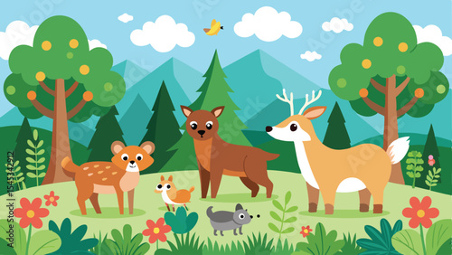 Cute forest scene illustration featuring various animals and trees on a bright day