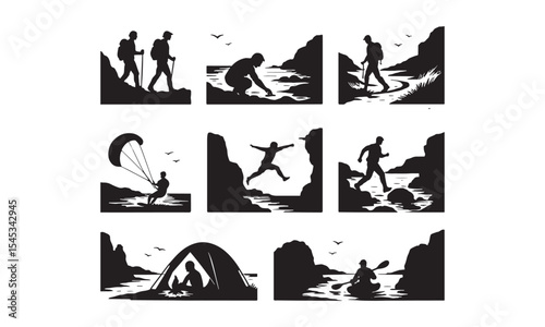 Black Silhouette Collection Outdoor Activities Hiking Kayaking Camping Paragliding Cliff Jumping Seascape