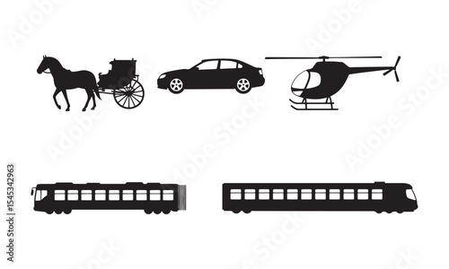 Black Silhouette Collection Horse Drawn Carriage Sedan Helicopter Train Transportation Modes Icons vector