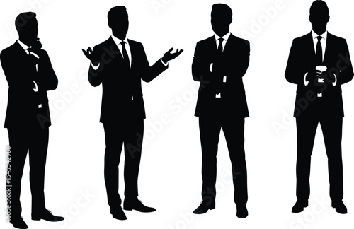 Silhouettes of business professionals, modern corporate attire, leadership poses, team unity, office presentation, formal dress code, isolated illustration, business meeting concept