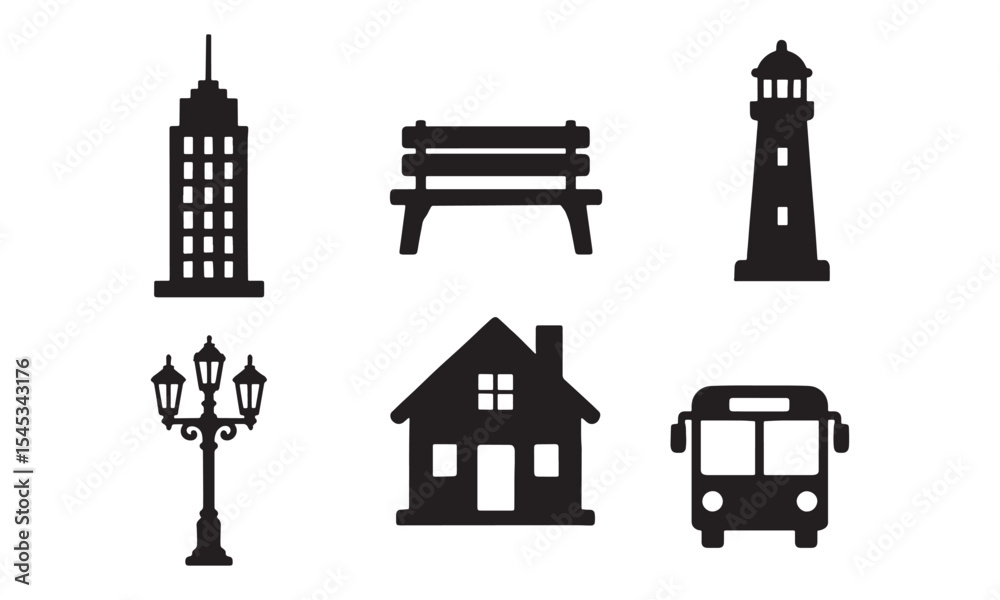 Obraz premium Black Silhouette Icons Set City Building Park Bench Lighthouse Street Lamp House Bus Transportation Symbols