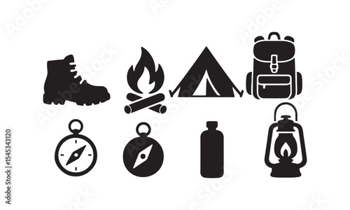 Black Silhouette Icons Camping Equipment Hiking Boots Tent Backpack Compass Water Bottle Lantern Firewood