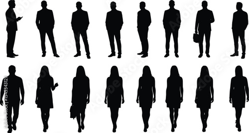 Silhouettes of business professionals, corporate teamwork, walking and standing, modern office style, leadership concept, male and female figures, professional attire, isolated vector